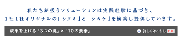 私たちが扱うソリューションは実践経験に基づき、1社1社オリジナルの｢シクミ｣と｢シカケ｣を構築し提供しています。成果を上げる｢3つの鍵｣×｢10の要素｣ 詳しくはこちら